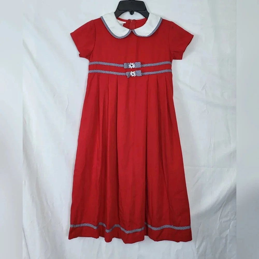 Vintage Bonnie Jean Union Made Red White Peter Pan Collared Dress‎ Size 7